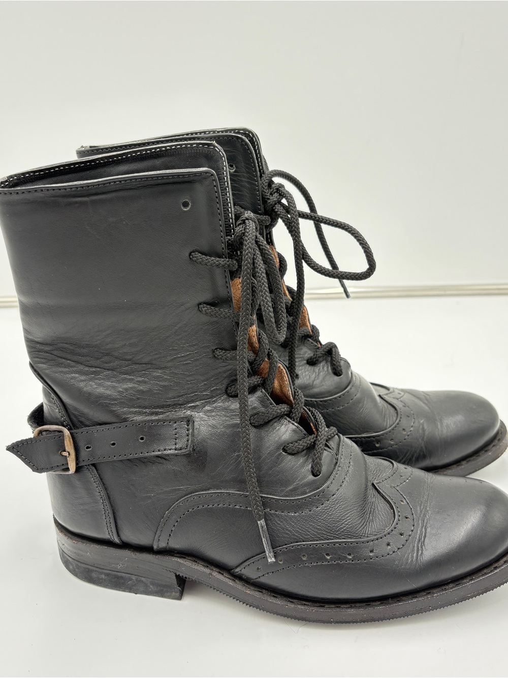 Handmade Victorian Style Black Leather Lace Up Buckle Wingtip Boots Women’s Sz 8